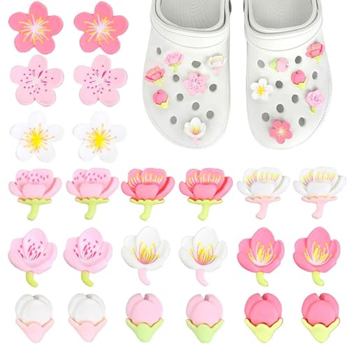 Raheem 24pcs Pink Flower Shoe Charms for Crocs | for Croc Charms, Cherry Blossom Jibbitz, for Adults Kids Women Girls, Cute DIY Clog Accessories, for Sandals Water Shoes