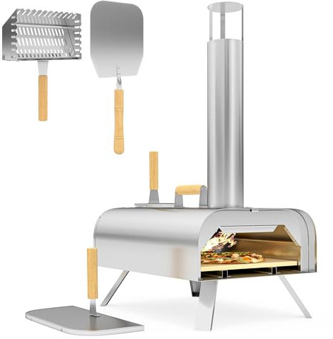 Outsunny Forno per Pizza a Pellet di Legno con Pietra Refrattaria e Pala, Forno Pizza a Legna in Acciaio Inox con Gambe Pieghevoli e Manici, per Campeggio Cortile Esterno, 79x36x75 cm, Argento
