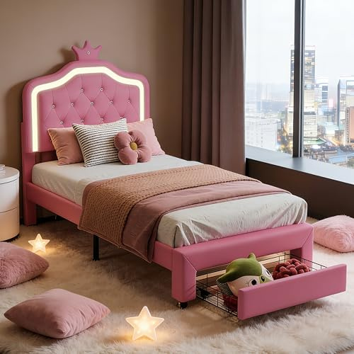 Julyue Polsterbett 90x200 cm für Kinder, Prinzessinnenkrone mit LED und Schubladen, Jugendbett mit höhenverstellbarem Kopfteil und Lattenrost, ohne Matratze