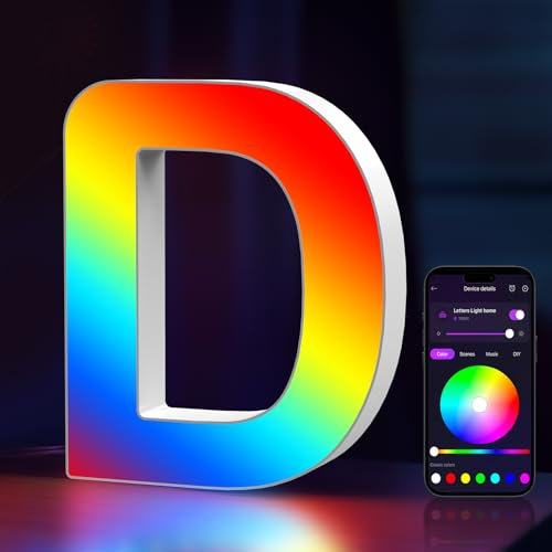 Light Up Letters USB Powered, LED Marquee Letters Color Changing, Alphabet Light Up Sign, APP Control, Gifts for Girls, Women, Birthday, Party, Wedding, Christmas, Valentine, Wall, Table Decor - D