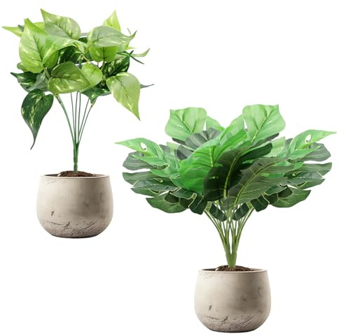 APOMOONS Planta artificial (20 cm) en macetas, 3 unidades de mini plantas artificiales, plantas falsas de Monstera, plantas artificiales para interior y exterior, adecuadas para decoración de mesa