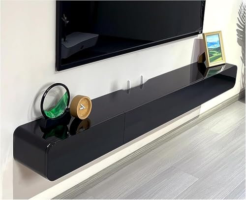 Suspended TV cabinet with drawers and doors, wall mounted solid wood TV cabinet, media console with router holes and hollow back panel, living room TV storage rack OF(Size:120x24x18cm,Color:Black)