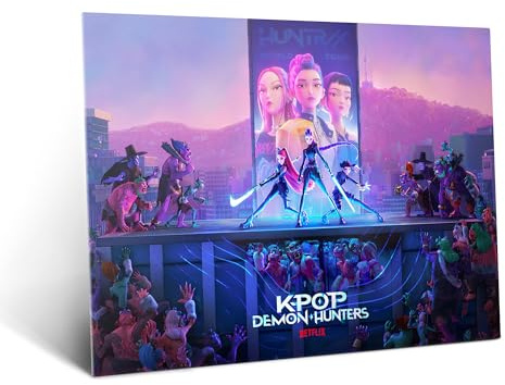 Displate Metallposter KPop Demon Hunters Wandbild - Netflix - Neon City Battle horizontal Logo - Huntrix Kpop Geschenk - Premium Wanddekoration Wand Deko Wohnzimmer Film Poster - 32 x 45 cm