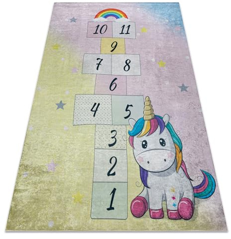rugsx Bambino 54060 Kinderteppich mit Muster „Einhorn, Zahlen” - Waschbar, Anti-Rutsch, rosa/gelb 80x150 cm