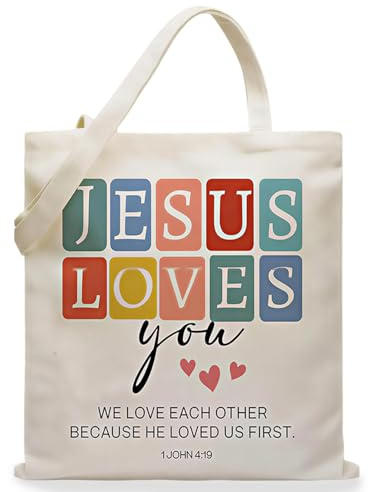 Yoljun Christliche Stoffbeutel Bedruckt, Rosa Wiederverwendbar Jutebeutel Tragetasche mit JESUS LOVES You, Aesthetic Canvas Tote Bag, Christliche Geschenke für Frauen, 40×35cm