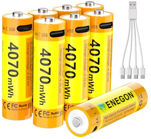 ENEGON Set da 8 batterie Ricaricabili AA Litio USB-C 4070 mWh 1,5V Tensione Costante con Cavo di Ricarica 1-a-4 Prestazioni Elevate per Controller di Gioco, Serrature Intelligenti,Tastiere e Mouse