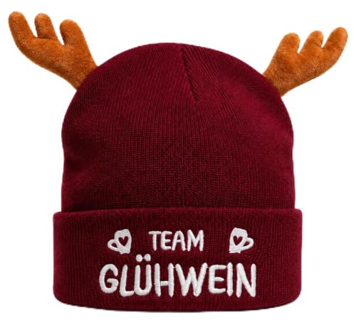 MIJOMA Weihnachtsmütze mit Rentier-Geweih – | Lustige XMAS Wintermütze aus Strick mit Spruch – Warm & weich – Geschenkidee für Weihnachten & Glühweinparty