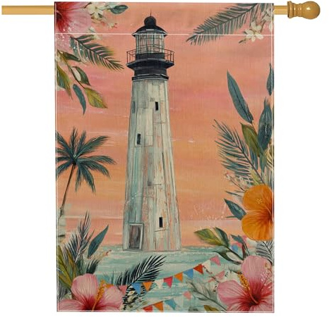 Leuchtturm-Hausflagge, tropische Küste, Hibiskuspalme, Sommer, Koralle, Jute, doppelseitig, dekorativ, für den Außenbereich, Terrasse, Hof, Rasen, Eingang, Balkon, 71,1 x 101,6 cm