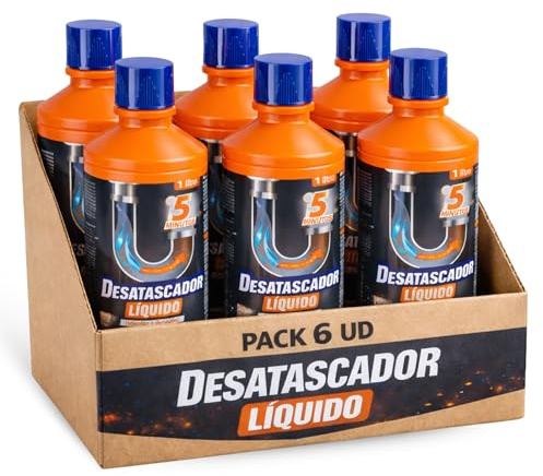 Desatascador liquido, Gel para Tuberías, Desatasca a la Primera, Elimina atascos en tuberias y Desagües, Acción rápida en 5 Minutos, Con Agentes salva tuberías, Contiene 6 botellas de 1 Litro