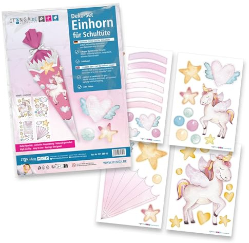 itenga Schultüten Deko Set Einhorn – Bastelset zur Gestaltung einer Schultüte – 4 vorgestanzte DIN A4 Bastelbögen 350 g/m² mit Satinband – Dekoration für Zuckertüte (Einhorn Wasserfarben)