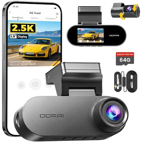 DDPAI N2 Dual Dashcam Auto Vorne Hinten, 2,5K+1080P, 1,9 LCD/AI Nachtsicht | WDR, ADAS, Wifi Dash Cam, 24 Stunden Parkmodus, unterstützt bis zu 256 GB Speicher, Loop Aufnahme, App-Steuerung