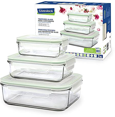 Glasslock (GL-135, 1x 400ml, 1x 1000ml, 1x 2000ml) Rechteckige Vorratsdosen aus Glas - Mikrowellen Typ