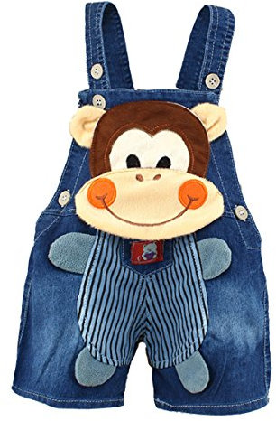 KIDSCOOL SPACE Salopette da Bambino in Morbido Cotone Estivo in Denim 3D Cartoon Monkey Soft Shorts,Blu,18-24 Mesi