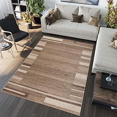 TAPISO Sari Teppich Kurzflor Beige Braun Streifen Bordüre 240 x 330 cm | Modern Design Meliert Verwischt Pflegeleicht Wohnzimmer Schlafzimmer OEKO-TEX