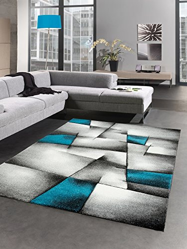 CARPETIA Moderner Teppich Kurzflor Wohnzimmerteppich Konturenschnitt karo abstrakt grau schwarz Weiss türkis Größe 200 cm Rund