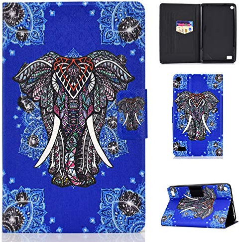 Kindle Fire 7 (7ª generación, versión 2017) Estuche Delgado de Cuero de PU de la PU con activación/suspensión automática para la Tableta Amazon Fire 7 (5ª generación versión 2015) Elefante étnico