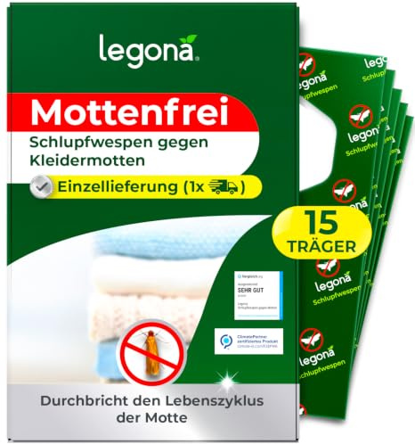 Legona Schlupfwespen gegen Kleidermotten, 15 Träger, Einzellieferung | Ergänzende Lieferung gegen Motten in Kleiderschrank, Schubladen, Wollkleidung und Textilien