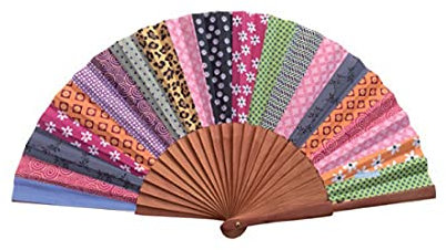 Tusitala Barcelona Handfächer Patchwork - Aus Holz und Baumwolle - 100% spanisches Handwerk - Inklusive natürlicher Jutetasche - Handgefertigtes Modeaccessoire - 23 cm.