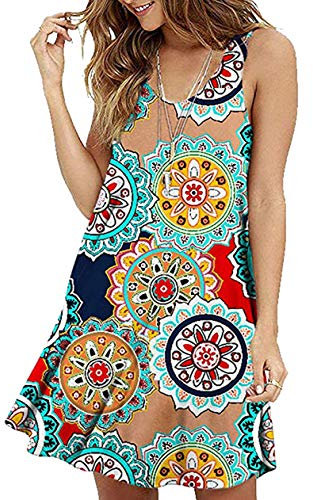 OMZIN Gedrucktes Kleid für Damen Swingkleid Casual Kleid Sommer Kleider Vest Kleider Swing A-Linie Ärmellos Rundhals Minikleider Blumenmuster Grüner Ring L