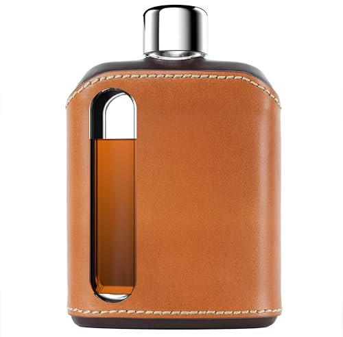 Ragproper Moderner Glas-Flachmann für Whiskey und Spirituosen (Double Shot 240 ml, Leder, dunkel & hellbraun)