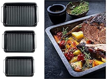 3PC Roasting Tray with Roasting Rack, Carbon Steel with a Non Stick Coating - Baking Trays for Oven - Handles Cooking Set - Oven Dish - Bakeware - Non Stick Baking (Set of 3 Large, Medium,Small)