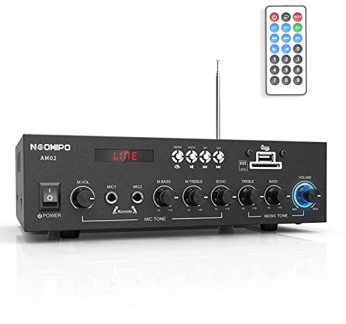 NEOHIPO AM02 300Watts Bluetooth 5.0 Class AB Stereo Audio Receiver Amplifier 2 Channel Power Amp for Home Theater Studio Speakers System with 6 Modes Wireless/RCA/USB/SD Card/Karaoke/FM Radio