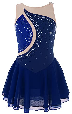 iEFiEL Mädchen Eiskunstlauf Kleid Glitzer Ballettkleid Ärmellos Ballettanzug Ballett Trikot Body mit Strass Wettbewerb Kostüm Gymnastikanzug Y Dunkelblau 158-164