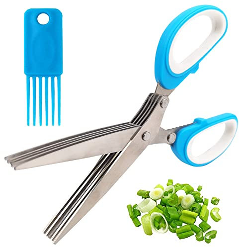 Ciseaux à Herbes,Ciseaux de 5 Lames Inoxydable Herbes Ciseaux avec Peigne de Nettoyage,pour Les Herbes Aromatiques,La Ciboulette,Le Persil (Bleu)