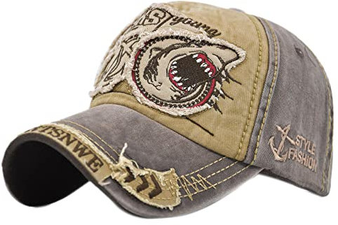 YULOONG Vintage Baseball Cap Denim Bestickter Haifisch Trucker Hut Retro Sonnenhut mit ausgefransten Kanten 100% Baumwolle Outdoor Cap Unisex A