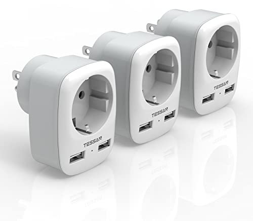 TESSAN 3 Pack Reiseadapter USA Adapter Amerika Deutschland Stecker mit 2 USB, Steckdosenadapter Reisestecker Stromadapter USA für Kanada Thailand Mexiko Wand Ladegerät Ladestation