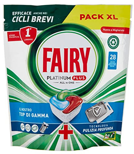 Fairy Platinum Detersivo Pastiglie Lavastoviglie Plus, Brillantante, 28 Capsule Lavastoviglie, Brezza Di Erbe Fresche, Tecnologia Pulizia Profonda, Contro Il Grasso E Le Incrostazioni Ostinate