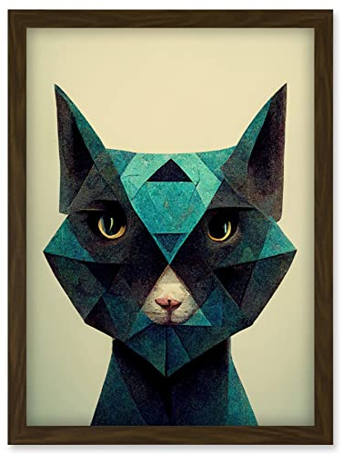 Doppelganger33 LTD Fun Geometric Teal Cat Artwork Framed Wall Art Print A4
