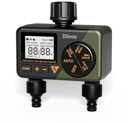 Water Timer for Irrigation, Diivoo Sprinkler Timer 2 Outlets, Automatic Hose Tap Timer, Garden Watering Systems With Rain Delay/Auto&Manual Mode for Lawn, Mixed Military Green&gray (WT-08)