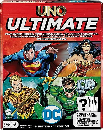 Mattel Games UNO Ultimate DC Kartenspiel für Kinder, Fans, Erwachsene & Familiennacht mit 4 Charakter-Decks, 4 Sammelfolienkarten & Sonderregeln