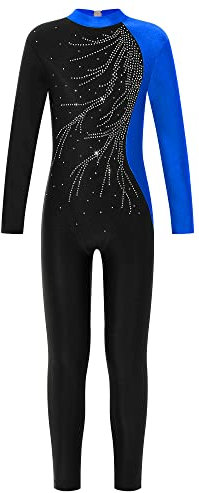 MSemis Mädchen Langarm Ballettanzug Einteiliger Gymnastikanzug Turnanzug Langarm Bodysuit Sport Overall Ganzkörperanzug 5-12 Jahre Blau 122-128