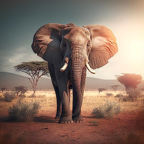 Holz-Bild 50 x 50 cm: Afrikanischer Elefant in der Savanne bei Sonnenuntergang. Safari in Afrika. (200539578)