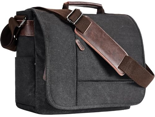 Eshow Umhängetasche Herren aus Canvas, Messenger Bag, Laptoptasche für 15 Zoll Laptop, Premium Herrentasche, Schultertasche, Kuriertasche, Arbeitstasche für Arbeit Uni Freizeit Schwarz, Vintage