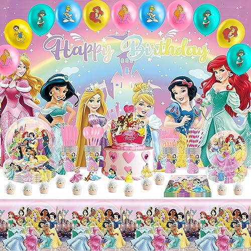 Wirhaut 137 Stück Princess Partygeschirr Set Rosa Geburtstagsdeko Teller Tassen Mädchen Princess Party Supplies mit Luftballons Tischdecke Tortendeko Servietten Deko Set für 10 Personen