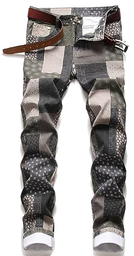 rtdgcv Smog Jeans Men's Stylish Patchwork Check Jeans with Straight Cylinder and Colour Contrast Slim Stretch Denim Jeans Men's Stretch, pink, XL