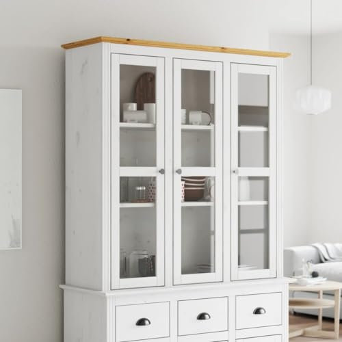 DJEKA Vitrinenschrank Glas Mit 3 Glastüren Bücherschrank BODO Glasvitrine Wohnzimmerschrank Beistellschrank Weiß und Braun Sideboard Küche Schrank mit Glastüren Kiefernholz für Wohnzimmer Küche