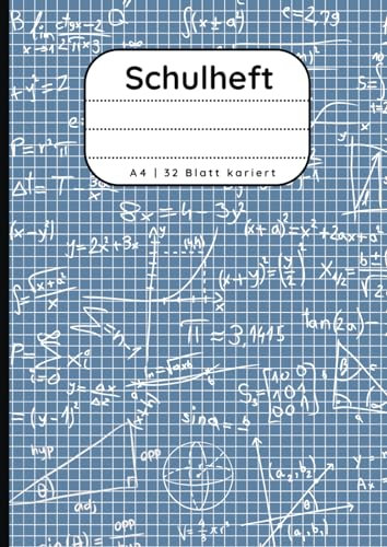 Schulheft DIN A4, 32 Blatt, Heft kariert ohne Rand, Mathe, Physik, Schulheft kariert, große Kästchen, blau