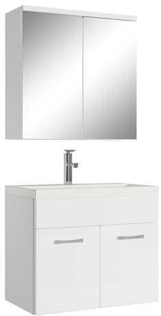 Badezimmer Badmöbel Set Montreal 01 mit Spiegelschrank 60cm Waschbecken Hochglanz Weiß - Unterschrank Waschtisch Möbel