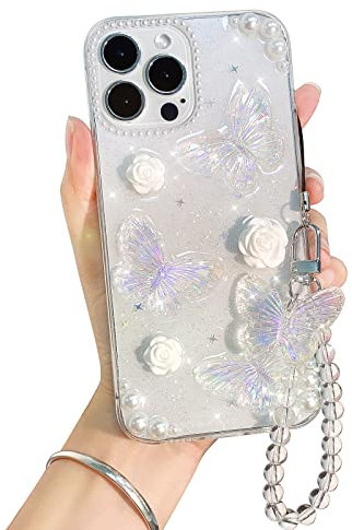 NITITOP Compatible with iPhone 14 Pro Max Case Cute Clear 3D Butterfly with Flower Floral Pearl Glitter for Girls Women Soft TPU Shockproof Protective Cover Girly - iPhone 14 Pro Max