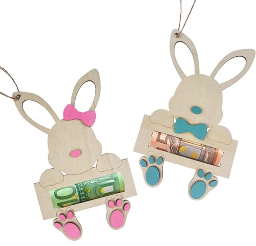 FANXIYA 2 Stück Osterhasen Geldgeschenke Osterfest Anhänger Geschenkanhänger Ostern Holz DIY Osterdekoration Geldgeschenke Ostergestecken Holzanhänger Ostern