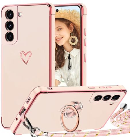 TVVTPU Coque pour Samsung Galaxy S21 FE 5G avec Cordon et 360 Degrés Anneau Support, Étui Housse Antichoc Souple Silicone TPU Bumper Portable Protection Case avec Amovible Collier, Rose
