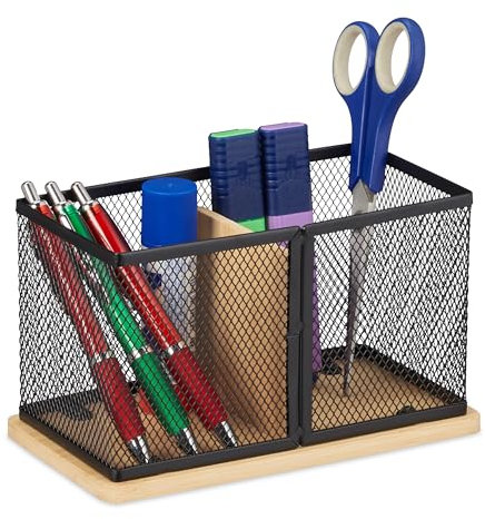 Relaxdays Stiftehalter, Bambus & Mesh, HxBxT: 11 x 19 x 10 cm, Stiftebecher für Schreibtisch, Stifthalter, schwarz/Natur