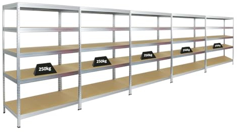 PROREGAL Mega Deal 5er-Set Schwerlastregal Rivet | HxBxT 180x120x60cm | Fachlast 250kg | Verzinkt | Innovatives Stecksystem, Verzinkt, Garagenregal, Lagerregal, Kellerregal