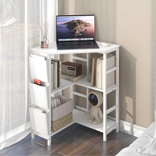 VEDECASA White Printer Stand with Charge Station and Side Pockets 3 Tier Corner Printer Table with 2 power outlets and 2 USB Mordern Corner Storage Stand for Home Office Living Room Study Room