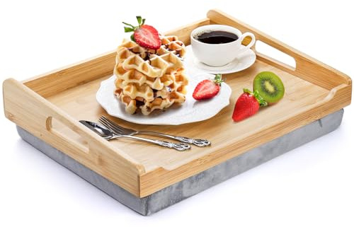 TOPZEA Bamboo Lap Tray with Detachable Cushion, 16.5x 12.5 Bed Trays TV Lap Desk, Breakfast Meal Serving Tray with Handle for Adults Eating in Recliner, Couch, Car, Fits for 13-14 Inch Laptops