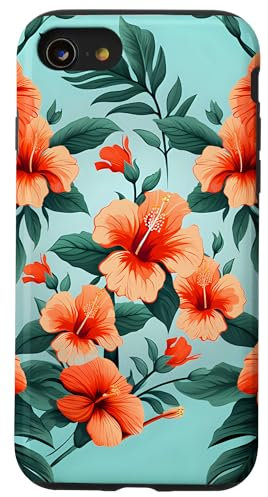 Hawaiian Hibiscus Flowers Floral Teal Orange Pattern Case for iPhone SE (2020) / 7 / 8